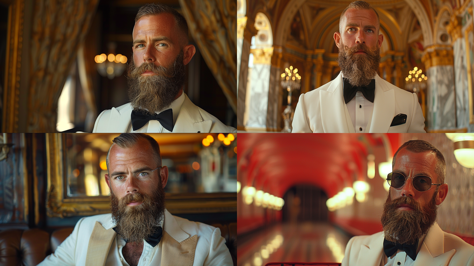 L88KjzYY Bald man with a full mustache in a white tuxedo and sunglasses. Generated images.