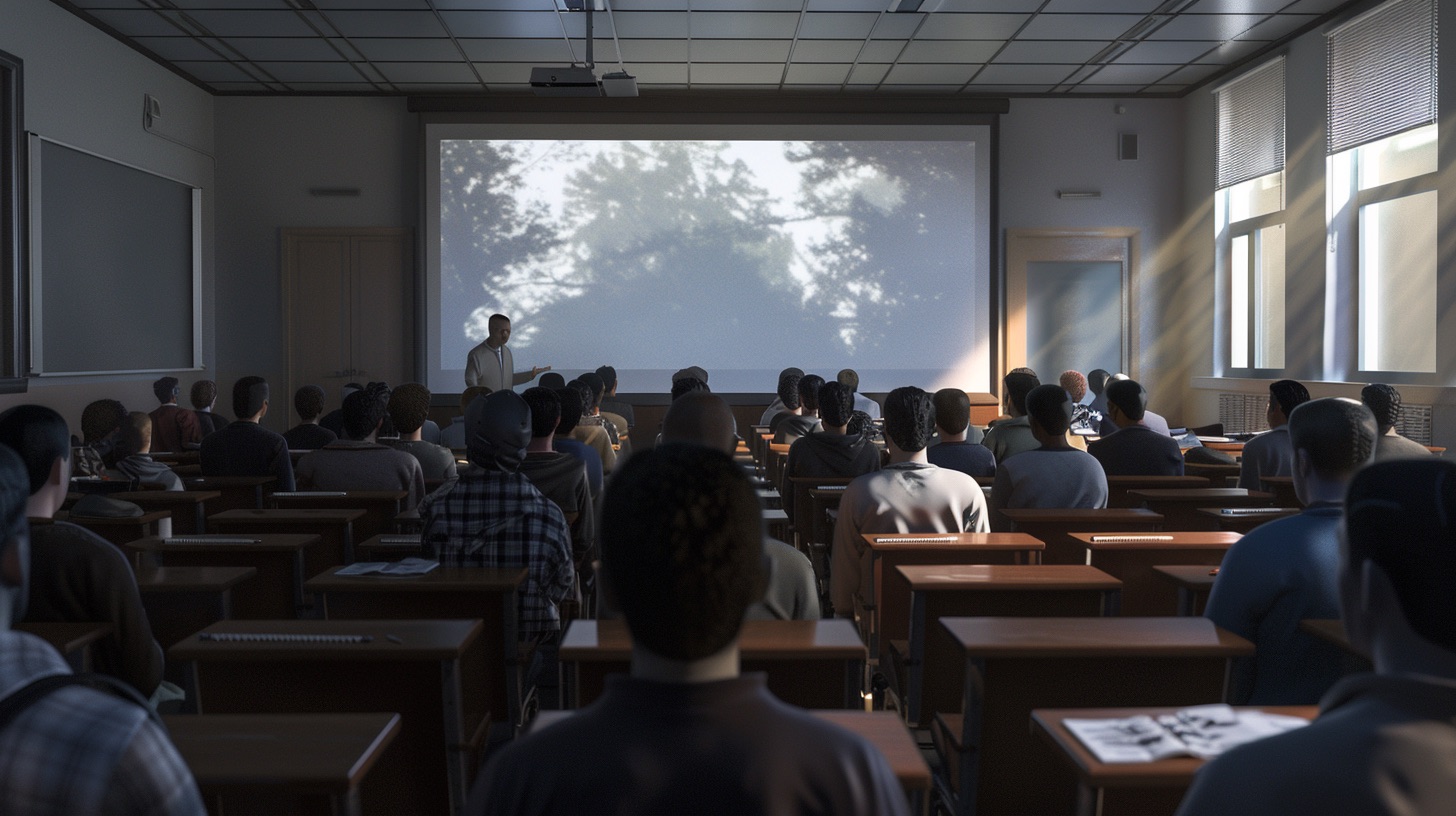 Midjourney-A_college_classroom_full_of_students_all_sitting_teacher_pointing_at_projection