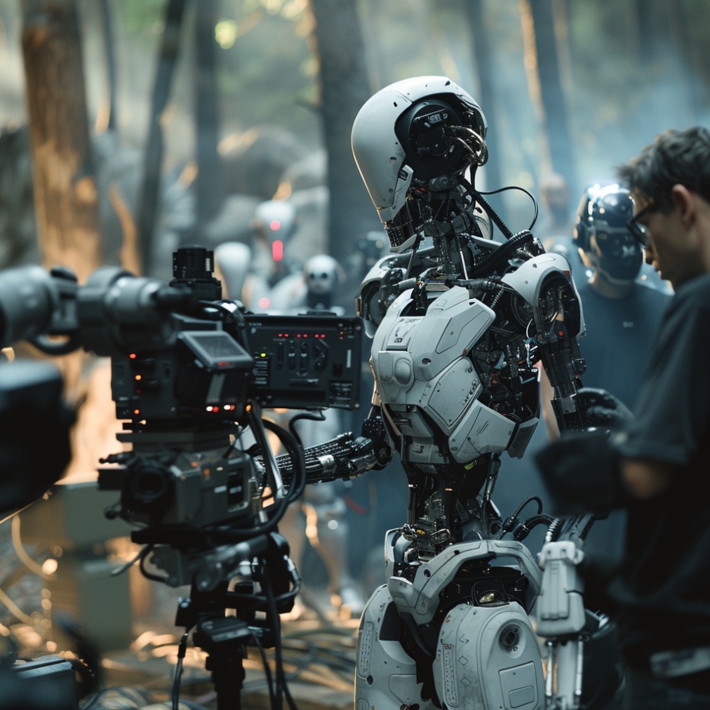 Midjourney_A-film-crew-making-a-film-with-robots-and-AI-only-one-person-on-the-whole-set.-Hyperrealistic