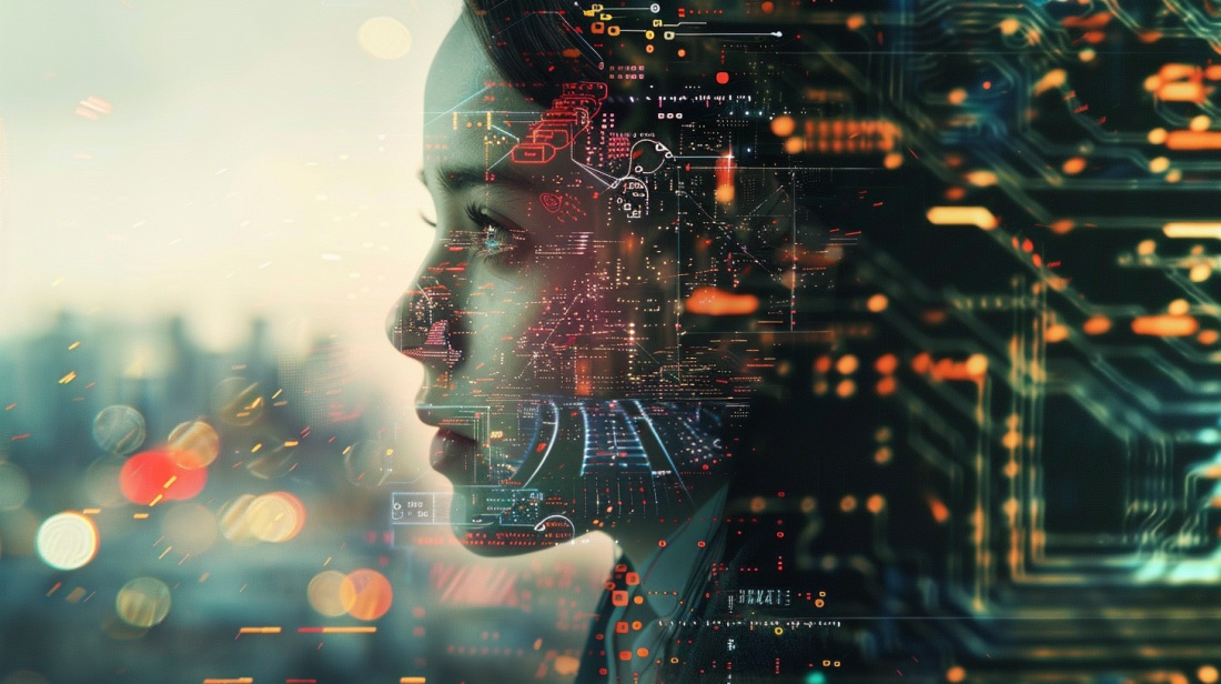 Žena, která se dívá směrem doleva. Její tvář je umělecky zpracovaná, že je v přechodu do elektronických obvodů a umělé inteligence.