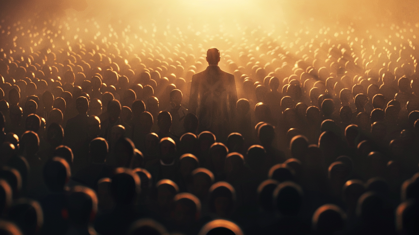 A man standing in the middle of the crowd. He is taller and bigger, appearant that he is superior.