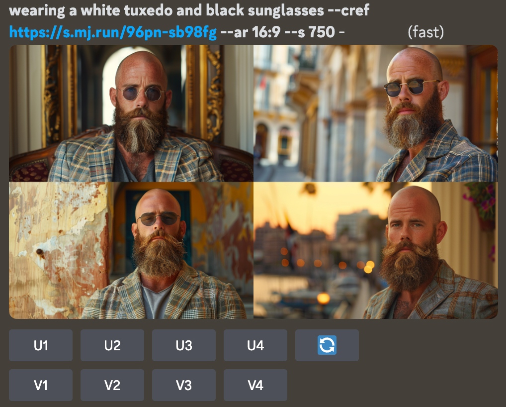 group2 Generated images of a bald man with sunglasses and a tuxedo.